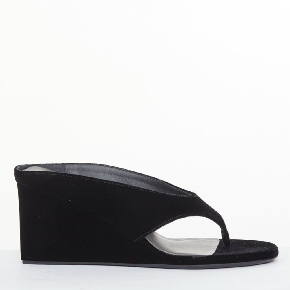 Alaia 2023 Black Velvet Sculptural Thong Wedge Sandals